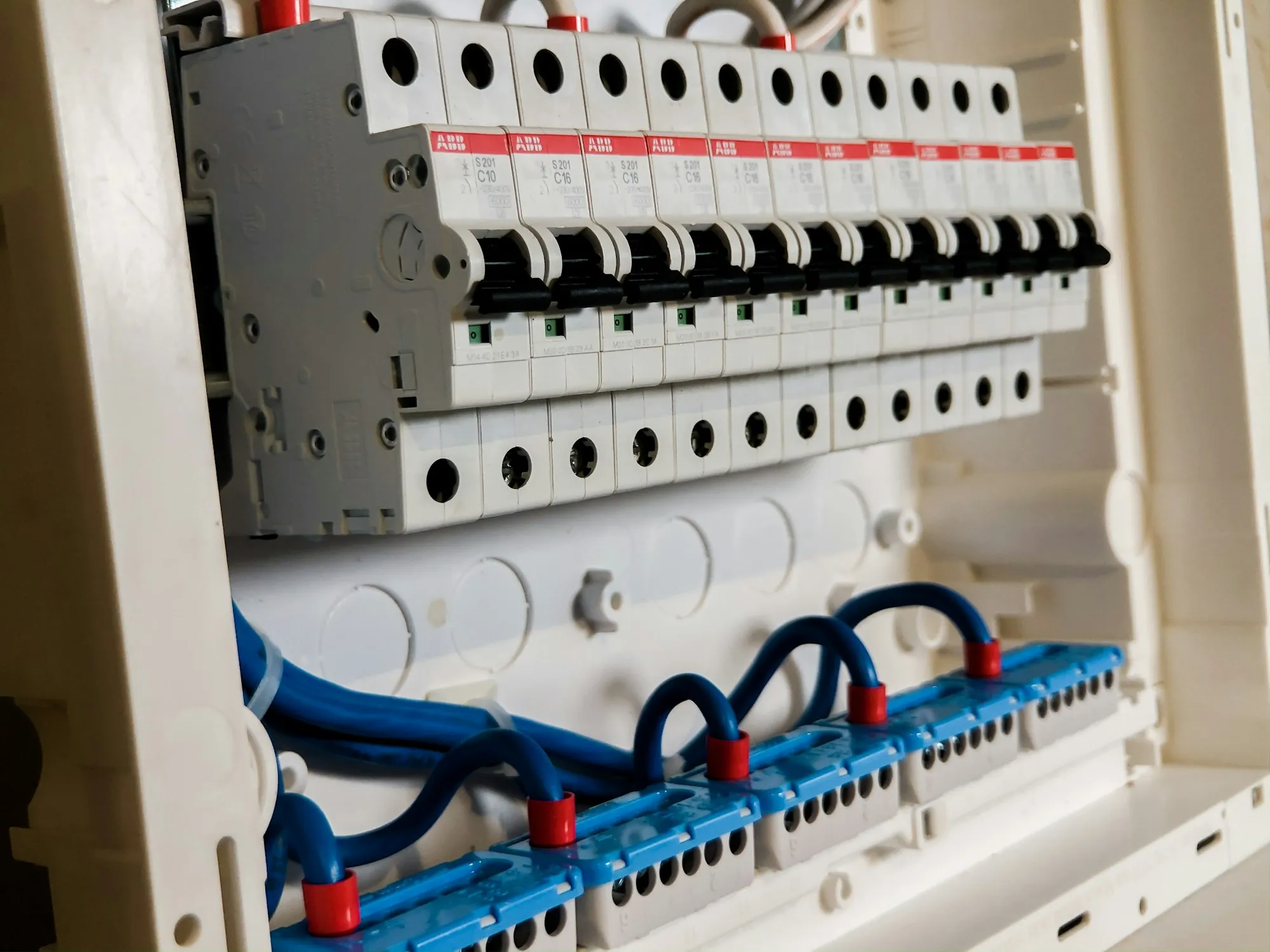 Close view of breakers in an electrical panel